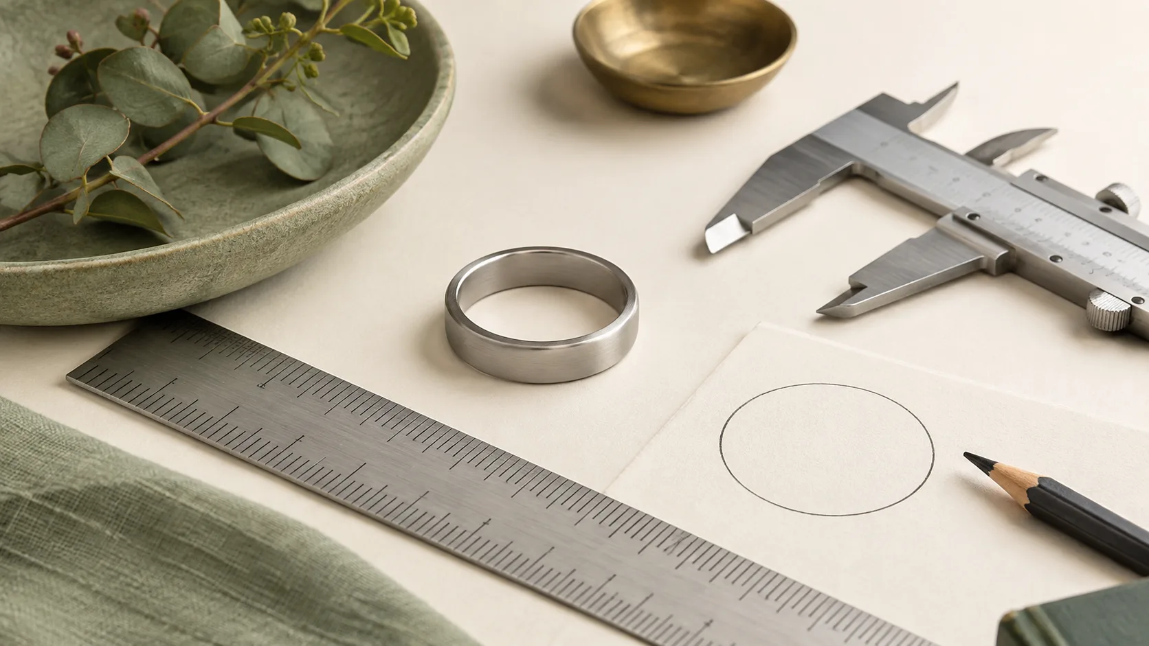 Reference ring beside a ruler, caliper and traced circle