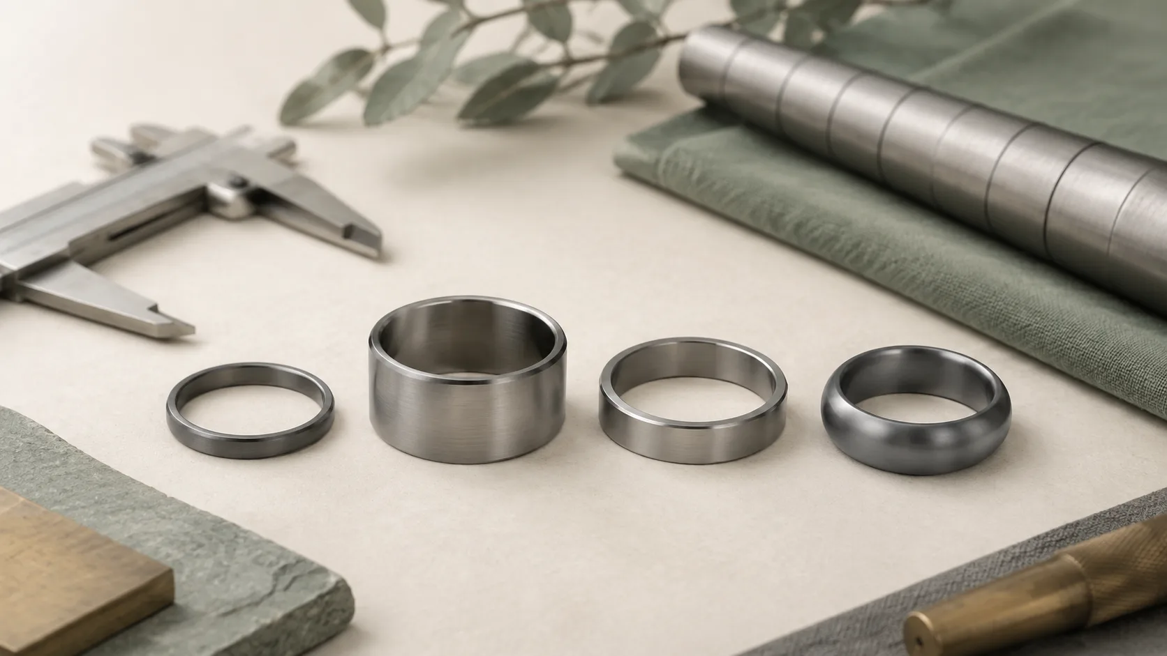 Four wedding bands showing narrow, wide, flat and rounded profiles beside jeweler tools